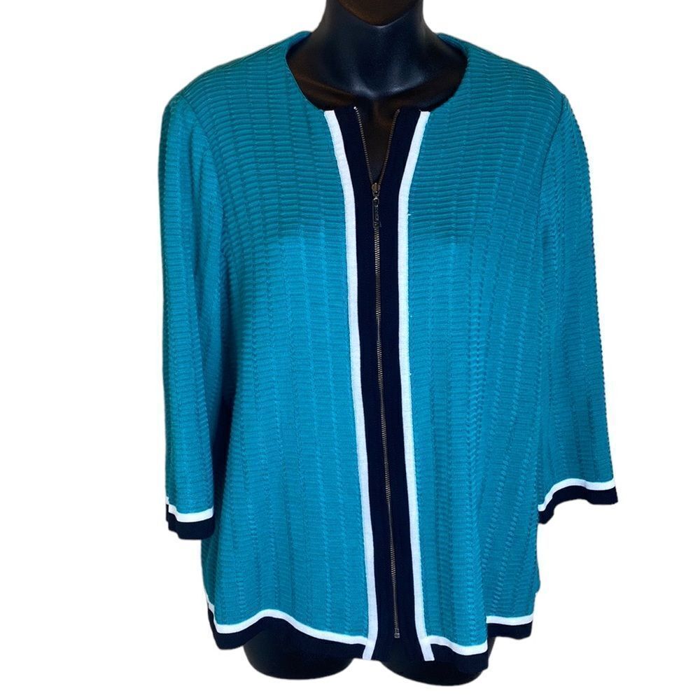 Misook knit green top‎ black white trims zipper front medium